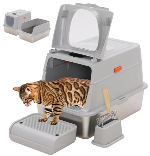 Lettiera per gatti in acciaio inox, chiusa, XXL 60 x 40 cm, in acciaio inox, grande con paletta e pedale, facile da pulire, grigio chiaro