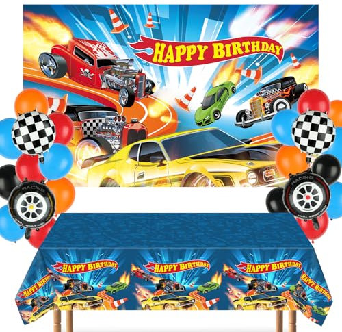 30Pcs Hot Car Birthday Party Decorations Race Cars Backdrop Banner 6.1x3.6ft Racing Plastic Tablecloth Wheels Checkered Flag Foil Balloons for Kids Boys Racer Baby Shower Decor Favor Supplies