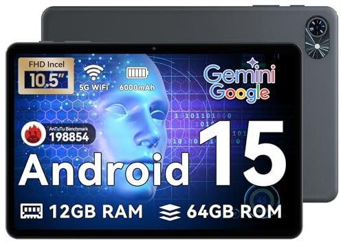 Tablet 2025 Latest Android 15 Tablets, 10.5 inch Tablet with HD+IPS Display, 12(4+8) GB RAM+64GB ROM/ 2TB TF, Gemini AI 2.0, GPS, 5G WiFi, 2.0GHz CPU & 5MP Camera, 6000mAh, GMS Certified