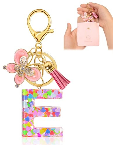 Porte-clés pour Fille Lettre Initiale Porte-clés Porte Clef Femme Cadeau Avec Pendentif Papillon et Pampille pour Sac à Dos Cartable (E)