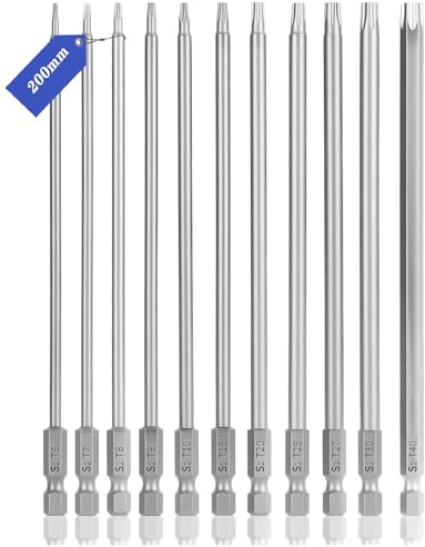 fifibang 11tlg Torx Bit Lang 200mm, Hex Schraubendreher Bits Set 1/4 Magnetisch Sternenkopf, T6,T7,T8,T9,T10,T15,T20,T25,T27,T30,T40