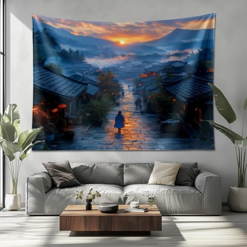 WandDeko Wandteppich, DäMmerung Nebel Antike Stadt Aesthetic Room Décor Wandtuch, Wohnzimmer Schlafzimmer Wohnheim Tapisserie, Blau Home Decor Wandbehang 250x200 cm