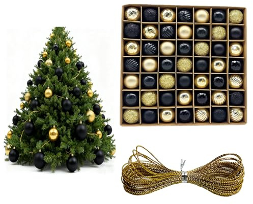 Diyxisk Palline di Natale, 49 Pezzi 3 cm Palline di Natale Piccole, Set Decorazioni Albero di Natale, Come Decorazioni Festive per Feste, Centri Commerciali, Uffici (Nero/Oro)