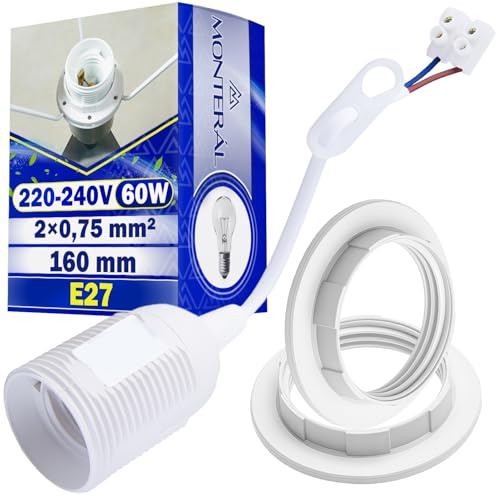 MONTERAL Jeu de 1 Pièce Douille de Chantier E27 avec Câble et Bornier 160 mm Ø 40 mm Max 60W 220-240V et 2 Pièces Adaptateur Abat Jour pour Culot E27 Couleur Blanche - Garantie de 10 Ans