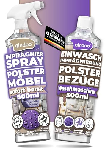 Qindoo Sofa Imprägnier Spray & Waschmittel Set für Polster & Bezüge für Waschmaschine - Handwäsche oder Sprühen für Fleckenschutz, Wasser- & Schmutzabweisend, PFC frei, Made in Germany, 1L