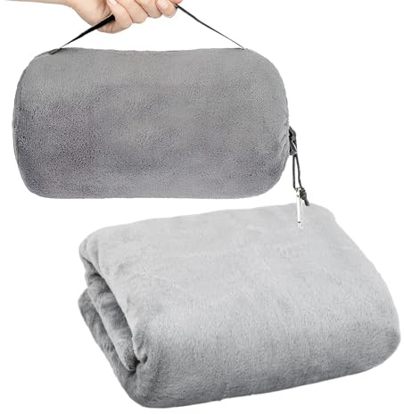 2 in 1 Reisedecke, 127x152cm, Reisekissen Flugzeug Kissen, Tragbare Thermodecke Outdoor Ultraleicht Warm mit Gepäckhülle Rucksackclip, für Alle Jahreszeiten Lange Flüge Reisen Auto Büro Zuhause