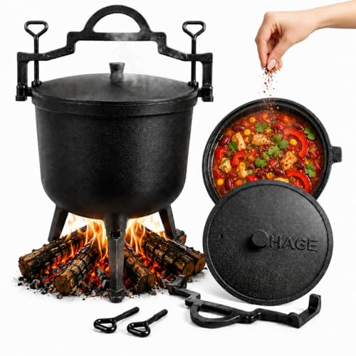 HAGE Gulaschkessel Gusseisen 4L mit Deckel und Standfüßen Dutch Oven Feuertopf für Lagerfeuer Grill Camping Ungarischer Gulaschtopf Schmortopf für Eintopf Suppe Fleisch und BBQ