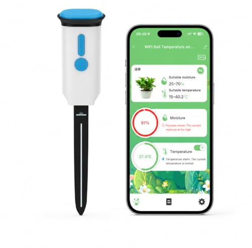 Sensor de humedad del suelo inteligente con control de temperatura, sensor inalámbrico de plantas para jardín, césped, bancal e invernadero, alarmas de aplicación en tiempo real, compatible con