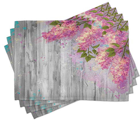 Lunarable Flower Place Mats Set of 4, Floral Watercolor Style Effect Branches of Lilac Bloom on Wood Print Background, Washable Fabric Placemats for Dining Room Kitchen Table Decor, Grey and Pink