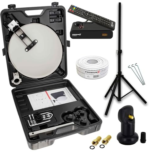PremiumX Camping SAT Anlage Satellitenschüssel TV Receiver Single LNB 10m Kabel F-Stecker im Koffer Camp Stativ