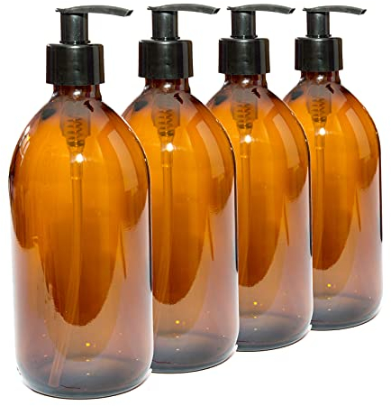 Aura 500ml AMBER GLASS Bottles with BLACK Pumps - PACK of 4