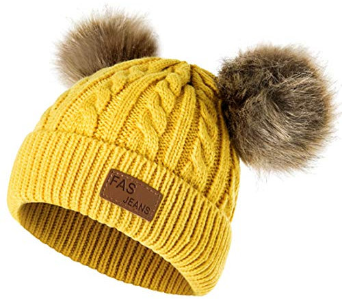 Yixda Baby Kids Winter Mütze Mädchen Jungen Warm Fellbommel Beanie Hüte (Gelb)