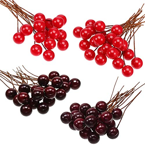 Künstliche Holly Beeren, 100 Stück Mini 10 mm Gefälschte Beeren Dekor auf Draht für Weihnachtsbaum Dekoration Blumenkranz DIY Handwerk Verwenden (Weinrot)