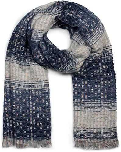 styleBREAKER Damen Schal mit Streifen Web Muster, Pailletten und kurzen Fransen, Winter, Stola 01017114, Farbe:Dunkelblau-Hellgrau