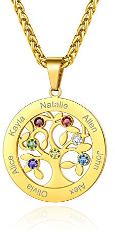 Custom4U Collier Personnalisé 7 Prénoms,Pendentif Arbre de Vie Plaqué Or en Acier Inoxydable Gravé Pierres de Naissance,Bijoux de Famille,Chaine 55+5 cm,Cadeau Anniversaire Femme Maman,Grand Mère