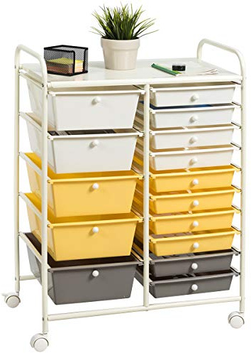 COSTWAY Rollwagen mit 15 stapelbaren Schubladen, Gelb | Rollcontainer mit Metallgestell & Ablagefläche, Badrollwagen Aufbewahrungswagen für Büro, Wohnzimmer, 62,5 x 37 x 87 cm