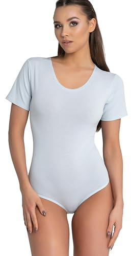 Evoni Damen Body kurzarm l Stringbody aus Baumwolle mit Rundhals l Kurzarmbody für Frauen l Tanga Bodysuit l String Body S hellblau