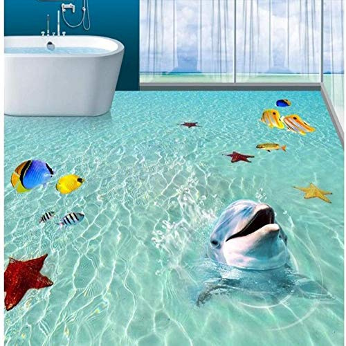 Benutzerdefinierte Bodenbelag frischer Strand Meerwasser tropische Fische Seesterne Delfine 3D Bodenbelag PVC dick verschleißfest ultra-250 * 175cm