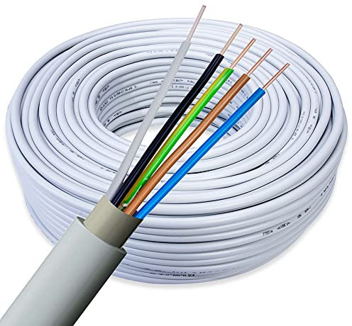 NYM-J 5x1,5mm² Kabel 5m | Feuchtraumkabel für 300V/500V | Elektrokabel 3-Adrig mit PVC Mantel | Ø1,5mm² Stromkabel für Elektroinstallation in Weiß/Grau | Kabellänge am Stück
