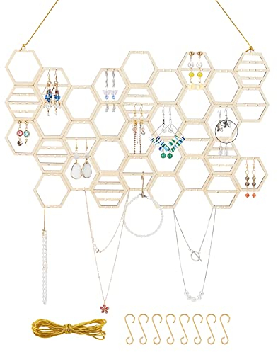 PandaHall Ohrring-Organizer Zum Aufhängen An Der Wand, Waben-Wandhalterung, Ohrring-Display, Holz-Schmuck-Organizer Mit Haken Und Kordeln Für Ohrstecker, Halsketten, Armbänder, 130 Löcher, Rauchig
