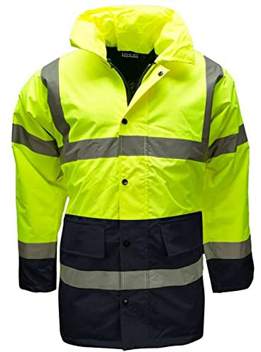 LIZZIE JACOBS New Hi Vis Parka Jackets High Visibility Safety Security Work Wear Waterproof Storm Padded Jackets Hi Viz Fluorescent Reflective Protective Hooded Long Coats (Large, Yellow/Navy)