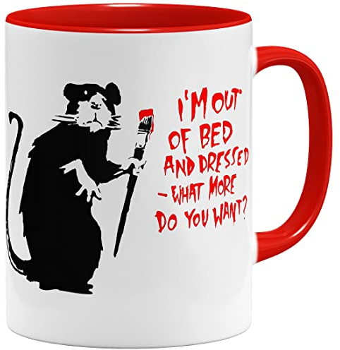 OM3® Out Of Bed Rat Banksy Tasse - Keramik Becher - 11oz 325ml - Beidseitig Bedruckt - Rot