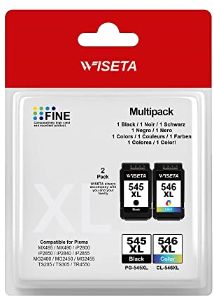 WISETA 545 XL 546 XL Tintenpatrone als Ersatz für Canon Druckerpatronen 545 546 PG-545XL CL-546XL für Pixma MX495 TR4550 TS3150 TR4551 MG3050 MG2555S MG2550S MG2950 MX490 iP2850 (1 Schwarz, 1 Farbe)