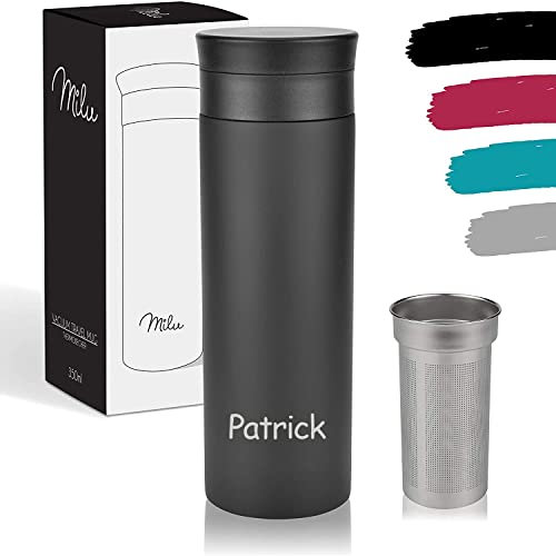Milu Edelstahl Thermobecher mit Gravur - 350ml, 450ml - 100% Auslaufsicher – Trinkbecher, Teeflasche Thermosflasche Autobecher doppelwand Isolierung - 360°-Trinköffnung (Schwarz, 450ml)