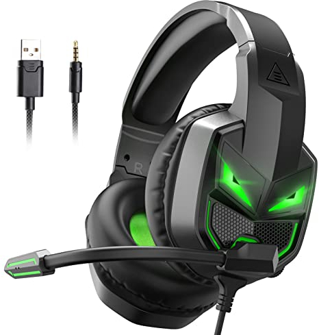 EKSA Cuffie Gaming con Microfono per PS4 PC Xbox one PS5 Switch Laptop, Cuffie da Gaming con Filo Microfono a Cancellazione di Rumore, Jack Audio da 3,5 mm, Driver Stereo da 50 mm, Luce a Led, Nero