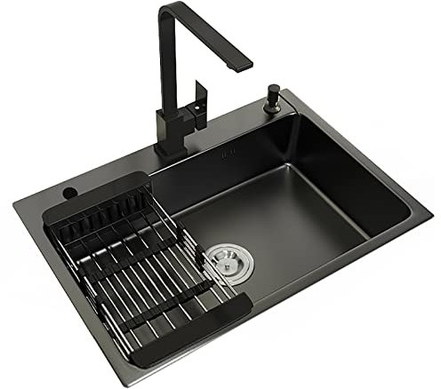 Lavello della Cucina Nera 1 Ciotole e drenaggio Inossidabile con Rubinetto allungabile, lavandino Integrato 1 Modi in Acciaio Inox con Trappola Antigraffio (C 65cm/25.59in)