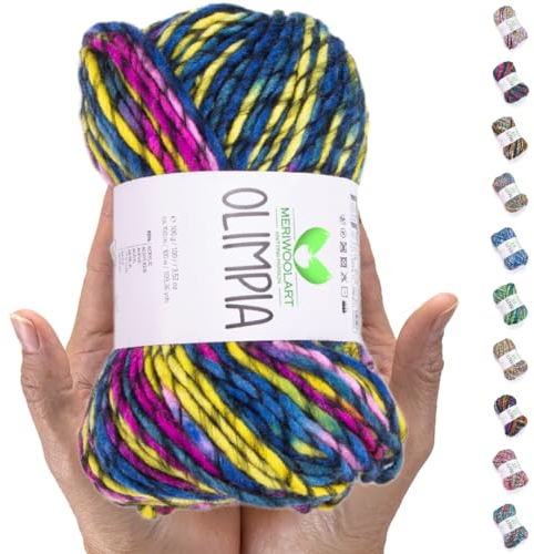 MeriWoolArt Merino Wolle zum Stricken – 100 m Mehrfarbige Dicke Weiche Merinowolle zum Stricken für Pullover Jacken – XXL Handstrickwolle – Voluminöse DIY Wolle für Schals Decken Tücher Geschenke
