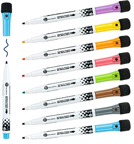 welsberg 8 Farbe Whiteboard Marker Whiteboard Stifte mit Schwamm Magnete und Rundspitze 1-2mm, 2 in 1 Dry Erase Marker für Magnettafel Flipchart, Trocken Abwischbar