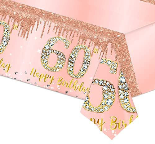 YAAVAAW Rose Gold Happy 60th Birthday Table Cloth TableCover, 137*274cm Decorations for Womens, Large Plastic Tablecloth Disposable Women, Lady, Her Party Supplies Decoration