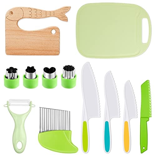 Firtink Kindermesser 12er Set, Kinder Küchenmesser aus Holz zum Kochen und Schneiden, Küchenmesser für Kleinkinder Einschließen Wellenschneider Schneidebrett Ausstechformen und Y Schäler