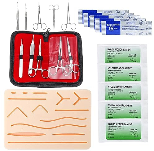 Cresbel Juego de suturas quirúrgicas: sutura quirúrgica, kit de práctica de sutura, juego de ejercicios de costura de herida, cojín de costura de silicona con juego de herramientas, juego de costura