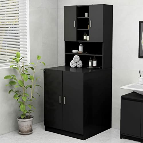 Homgoday Mobile per Lavatrice Nero 70,5x25,5x90 cm, Armadio per Lavatrice, Mobile da Bagno Salvaspazio, Scaffale da Bagno