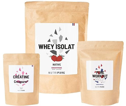 Nutripure | Pack Prise de Muscles | Whey Isolate Native + Créatine Monohydrate Poudre + Pre Workout (EAA, BCAA) | Idéal pour Musculation, Prise de Masse Musculaire, Fatigue Musculaire | Goût Fraise