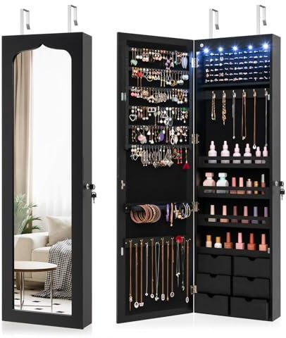 CASART Wall & Door Mounted Jewellery Cabinet, 5 LED Lighted Lockable Jewelry Armoire with Full-Length Mirror, Adjustable Hanging Storage Makeup Box Jewelry Organizer (Black)
