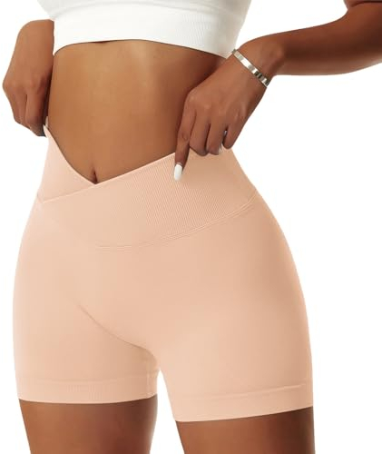 Vertvie Damen Gym Shorts V Cross Stretch Push Up Yoga Shorts Booty Scrunch Fitness Hosen Kurz High Waist Nahtlos Workout Sportshorts Butt Lift Kurze Leggings Sommer (Pfirsich Rosa, M)