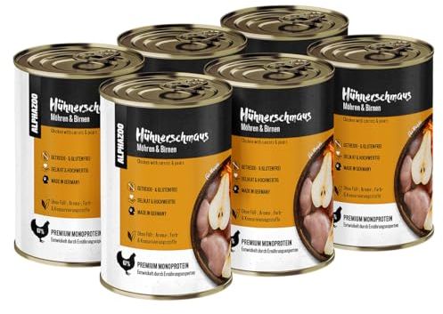 alphazoo Hundefutter nass Huhn 6 x 400 g I Premium Nassfutter für Hunde I Getreidefrei & mit hohem Fleischanteil I Hühnerschmaus Adult ohne Getreide und Zucker I Ausgewachsene Hunde & Welpen
