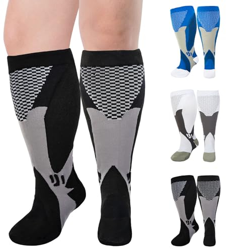 LEOSTEP 2XL-5XL Plus Size Kompressionssocken in Übergröße für Männer und Frauen, breite Waden (3 Paar), Durchblutung und Erholung, Steigerung der Ausdauer, Wandern, Reisesocken 20–30 mmHg