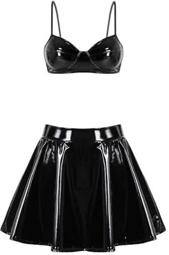 inhzoy Frauen Lack Leder Latex Outfit Wetlook Rock Crop Tank Top Set Damen Gogo Outfit Sexy Wetlook Bra Mini Faltenrock Skaterrock Set Schwarz_A XL