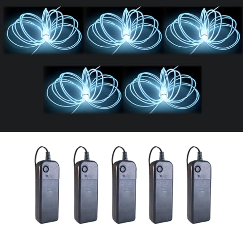 MaxLax EL-Draht, weiß, 5 Stück, 2,75 m, Neon-Lichtdraht mit Rauschunterdrückung und Akku-Pack