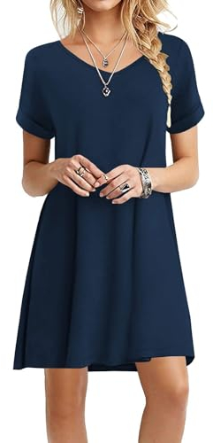 Actcat Sommerkleid Damen Kurzarm Loose Swing-Kleid mit Taschen A-Linie Casual Kleider,Kurzarm Tshirt Kleid Locker Midi Kleider Knielang Schwingen Sommerkleid Strandkleid mit Taschen,Navy,S