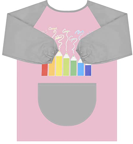 Cozlly Tabliers de Peinture pour Enfants, Blouse Peinture Enfant Imperméable, Tablier Manches Longues Enfant pour Peinture, Tablier Peinture avec Poches pour Peinture/Cuisine/Artisanat - Rose