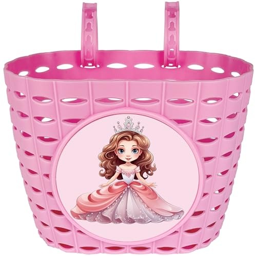 Dankeler Rosa Fahrradkorb für Mädchen, niedlicher Fahrradkorb vorne, verstellbarer Kunststoff-Dreiradkorb für Kinder, Babys, Mädchen, Kleinkinder (Prinzessin)