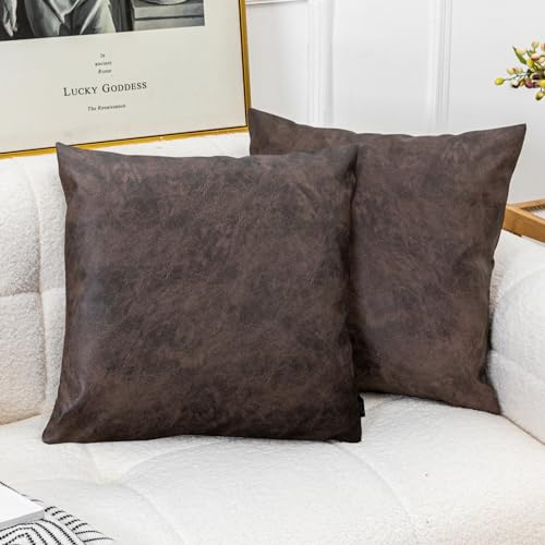 Vfuty Dekorative Kissenbezüge aus Kunstleder, Boho-Stil, für Wohnzimmer, Couch, Bett, Sofa, modern, massiv, quadratisch, rustikal, Bauernhaus, Heimdekoration, 50,8 x 50,8 cm, Dunkelbraun, 2 Stück