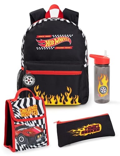 Hot Wheels Juego de mochilas para niños | Paquete de mochila negra de 4 piezas para niños con mochila escolar, estuche de lápices, bolsa de almuerzo y botella de agua | Set completo a juego