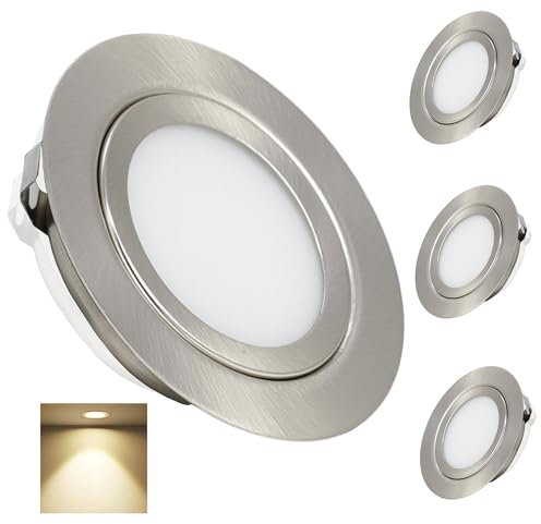 kpslucerna LED Einbaustrahler DC12V Flach,4 Stück, 3 W LED Spots IP65 Decken-Downlight for Küche, Schrank, Vitrine, Schlafzimmer, Wohnmobil, Badezimmer,Deckenspots, Warmweiß (Nickel)