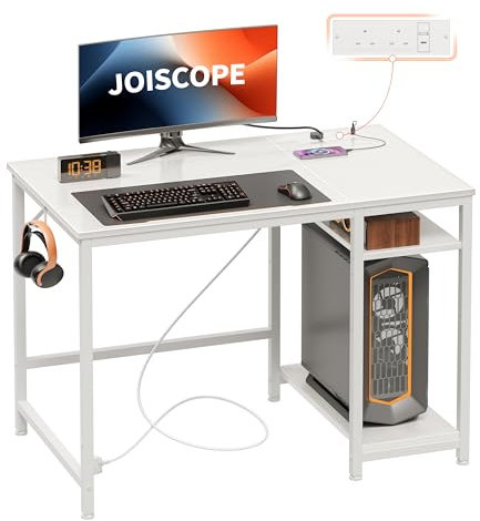 JOISCOPE Computer Desk - 100cm White Gaming Desk with USB Outlets, Type-C Charging Port, Shelves and Headphone Hook for Study, Play, Work and Home Office